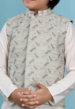 Woven Cotton Silk Kurta Jacket Set in Cream