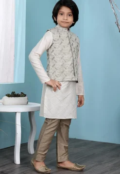 Woven Cotton Silk Kurta Jacket Set in Cream