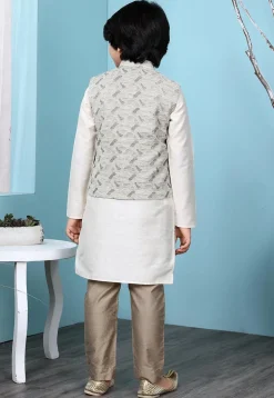 Woven Cotton Silk Kurta Jacket Set in Cream