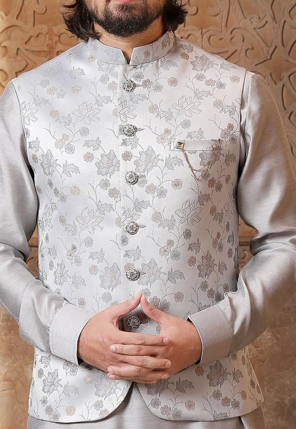 Woven Cotton Silk Kurta Jacket Set in Grey