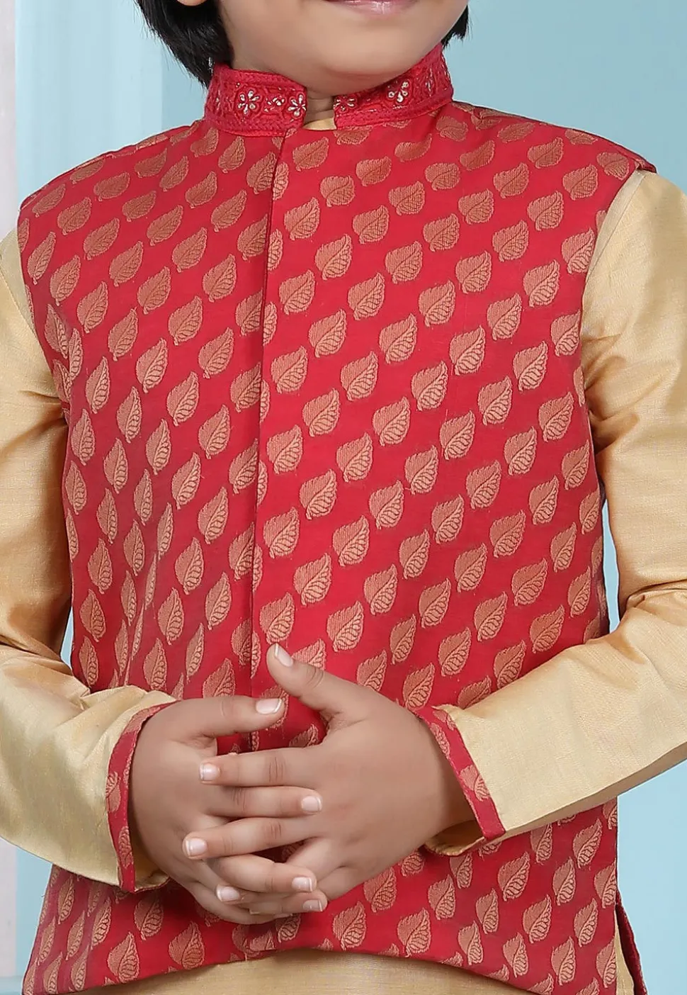 Woven Cotton Silk Kurta Jacket Set in Beige