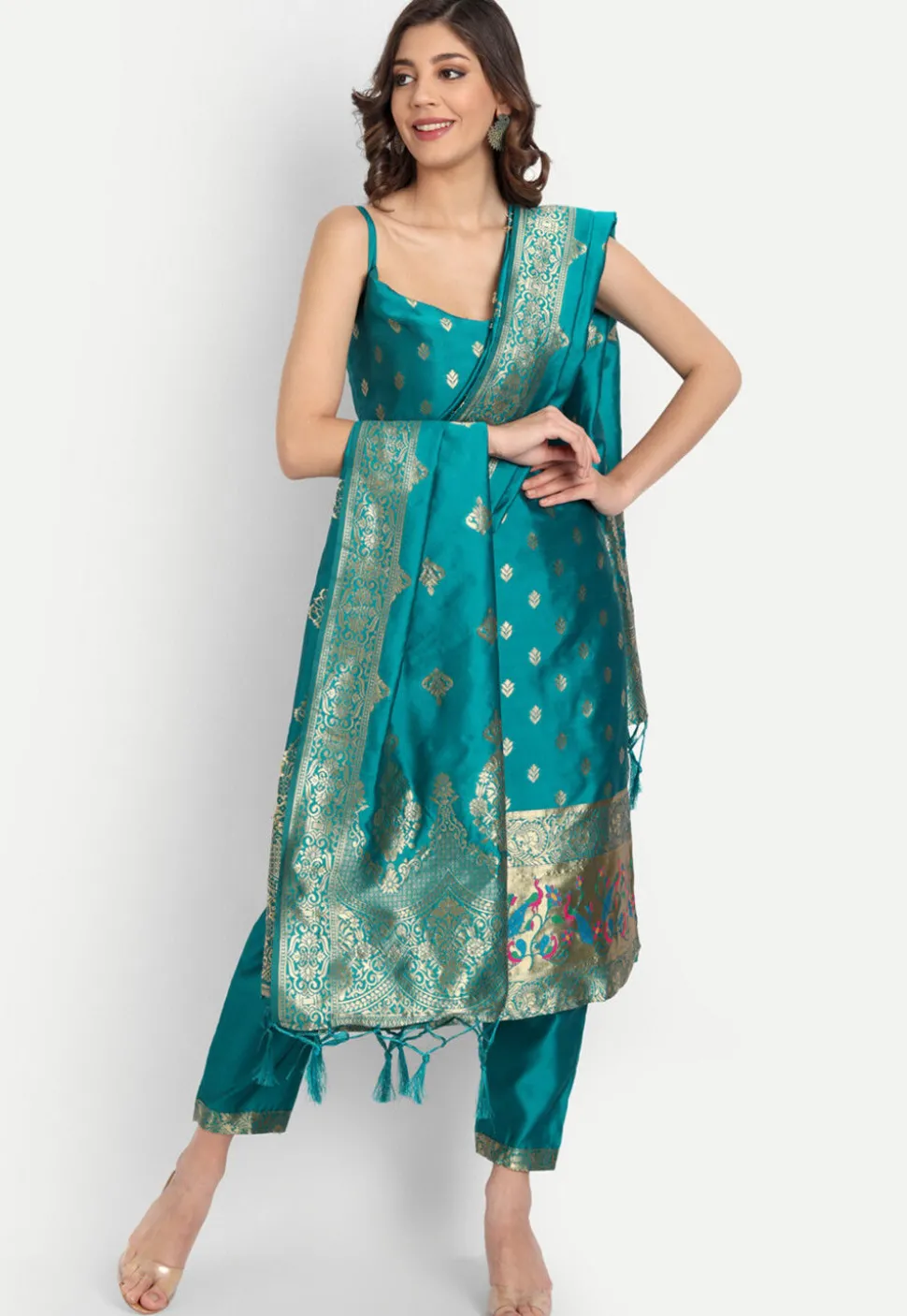 Woven Cotton Silk Pakistani Suit in Turquoise