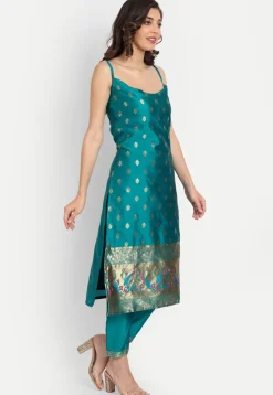 Woven Cotton Silk Pakistani Suit in Turquoise