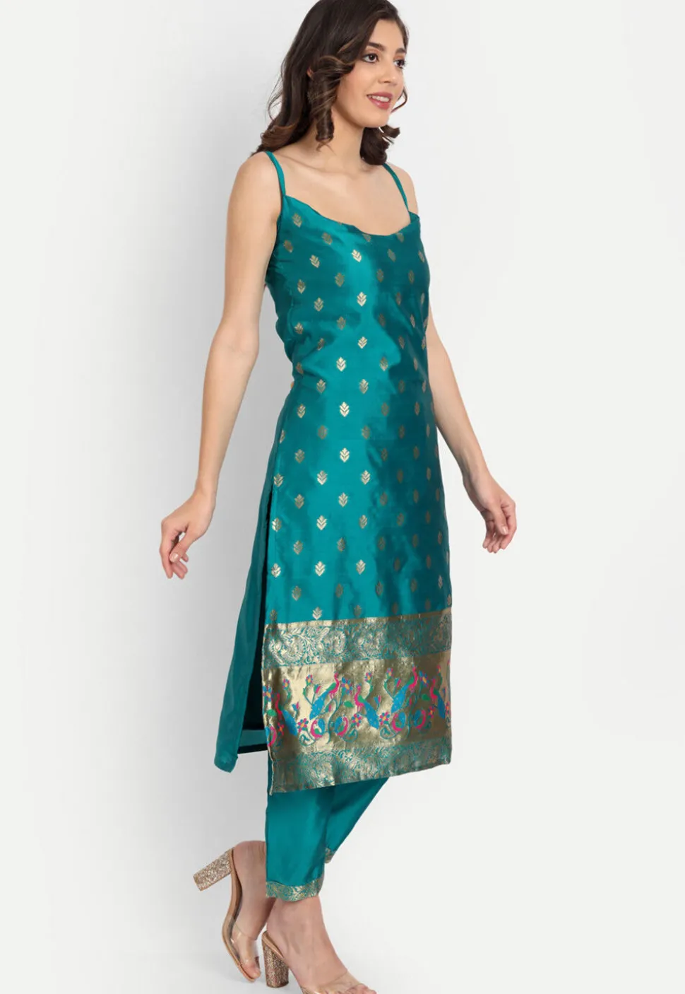 Woven Cotton Silk Pakistani Suit in Turquoise