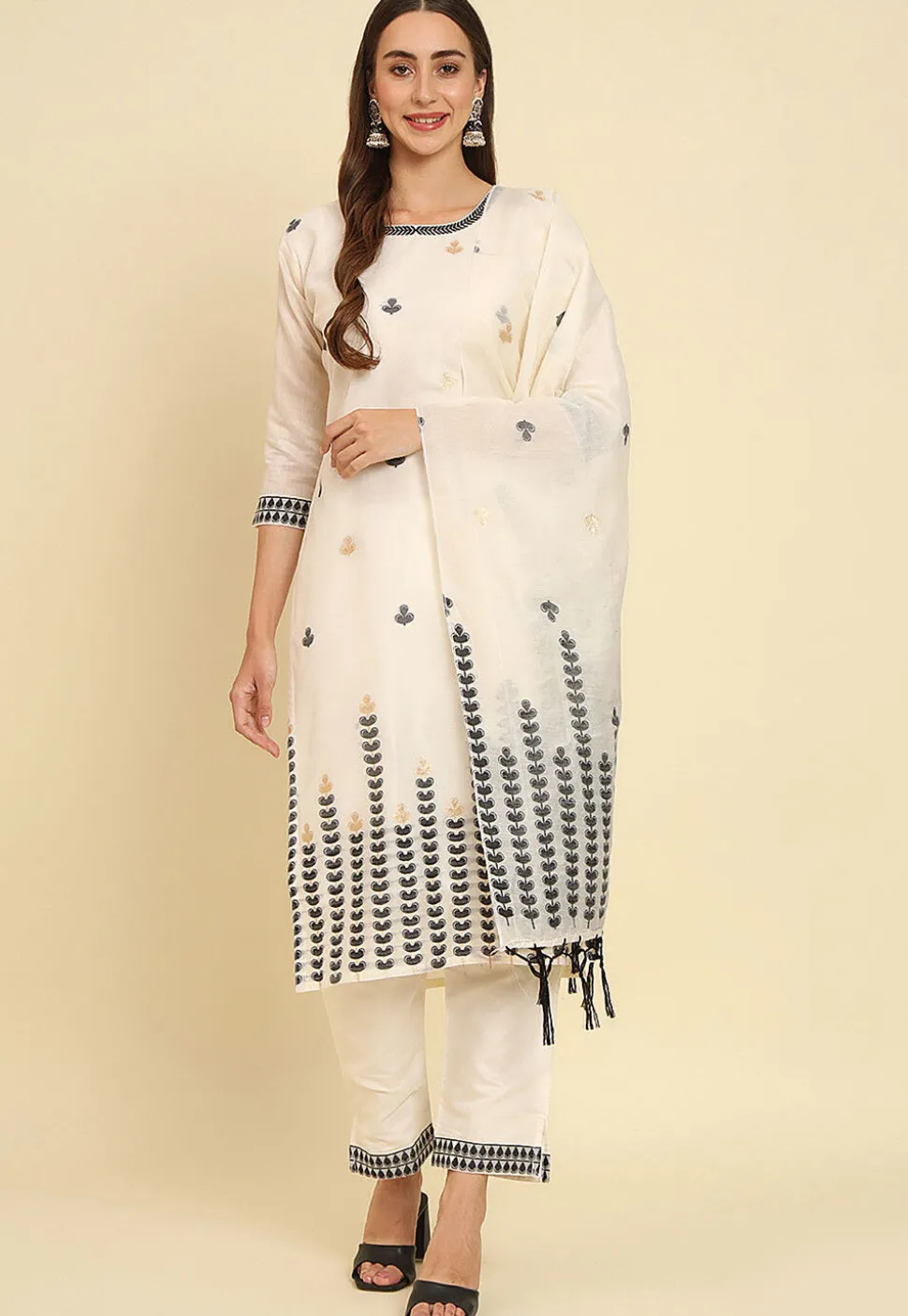 Woven Cotton Silk Pakistani Suit in Off White