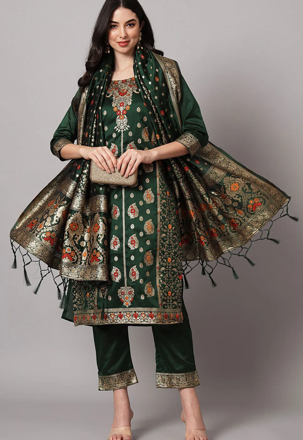 Woven Cotton Silk Pakistani Suit in Green