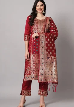 Woven Cotton Silk Pakistani Suit in Maroon