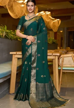 Woven Cotton Silk Saree in Dark Green