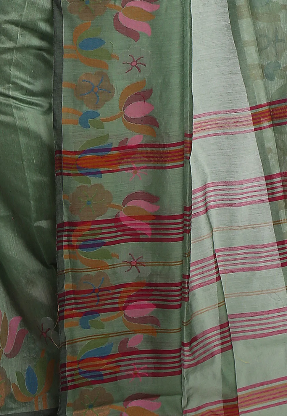 Woven Cotton Silk Tant Saree in Dusty Green