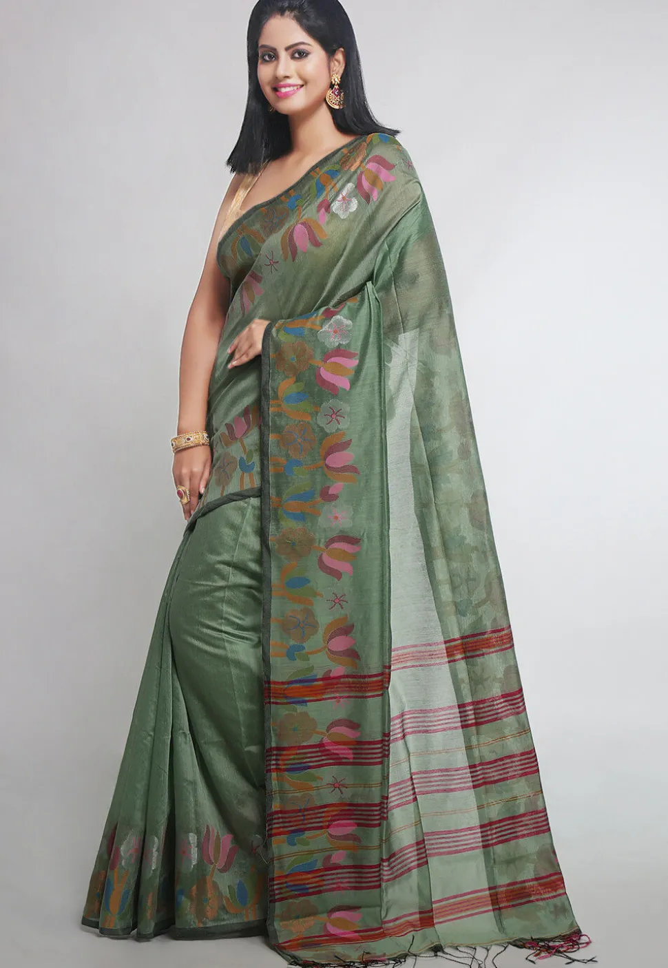 Woven Cotton Silk Tant Saree in Dusty Green