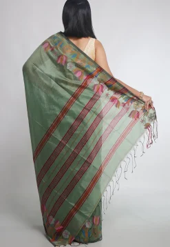 Woven Cotton Silk Tant Saree in Dusty Green