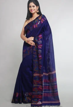 Woven Cotton Silk Tant Saree in Navy Blue
