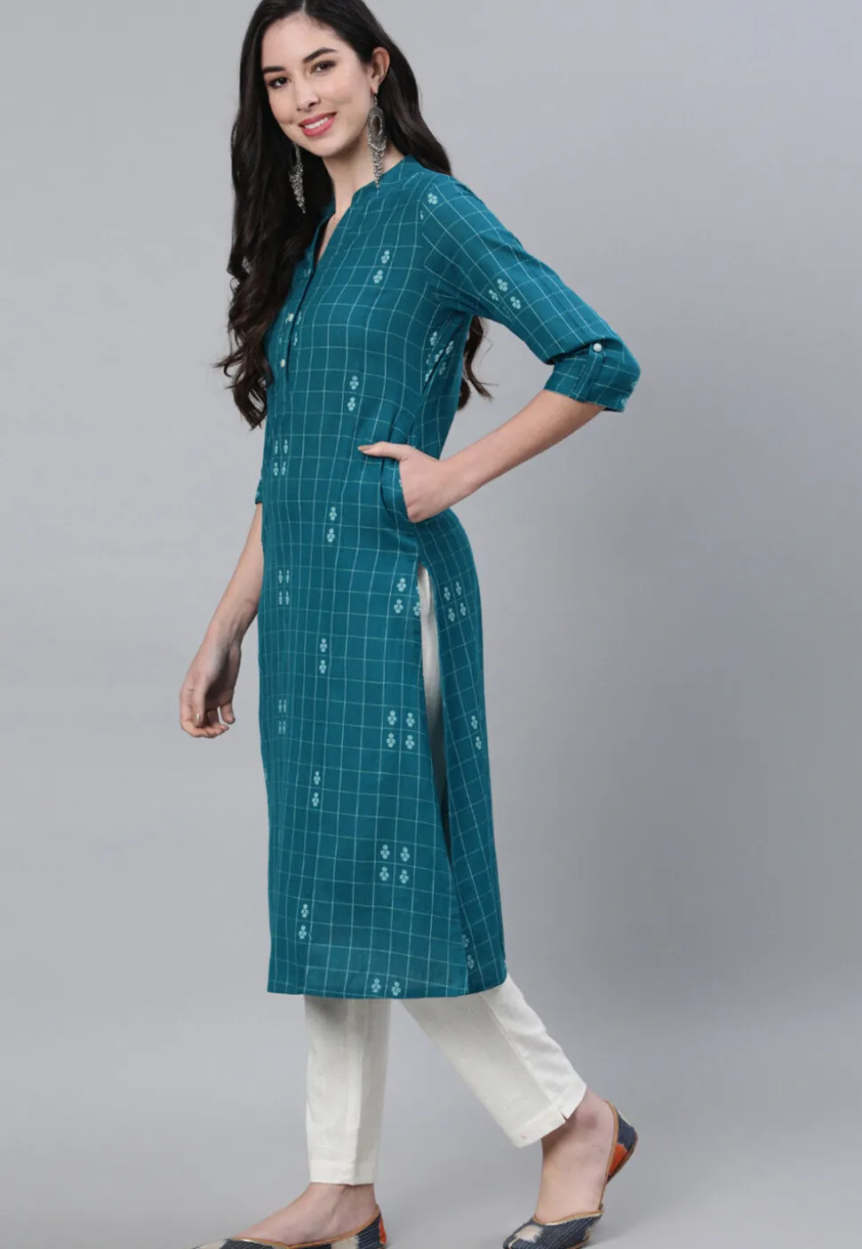 Woven Cotton Straight Kurta in Teal Blue