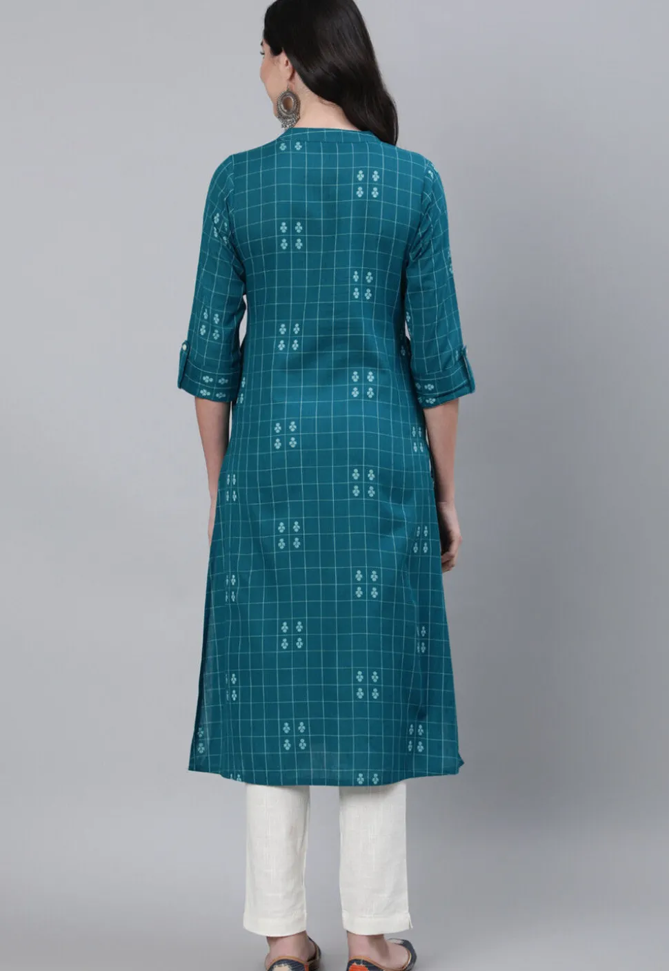 Woven Cotton Straight Kurta in Teal Blue