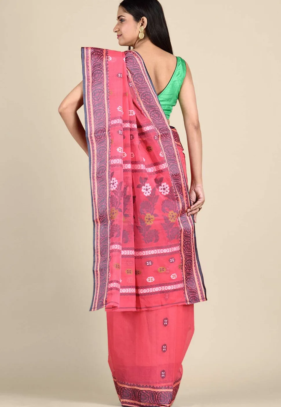 Woven Cotton Tant Saree in Coral Pink