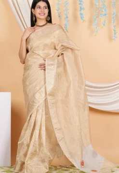 Woven Crush Tissue Jacquard Saree in Beige