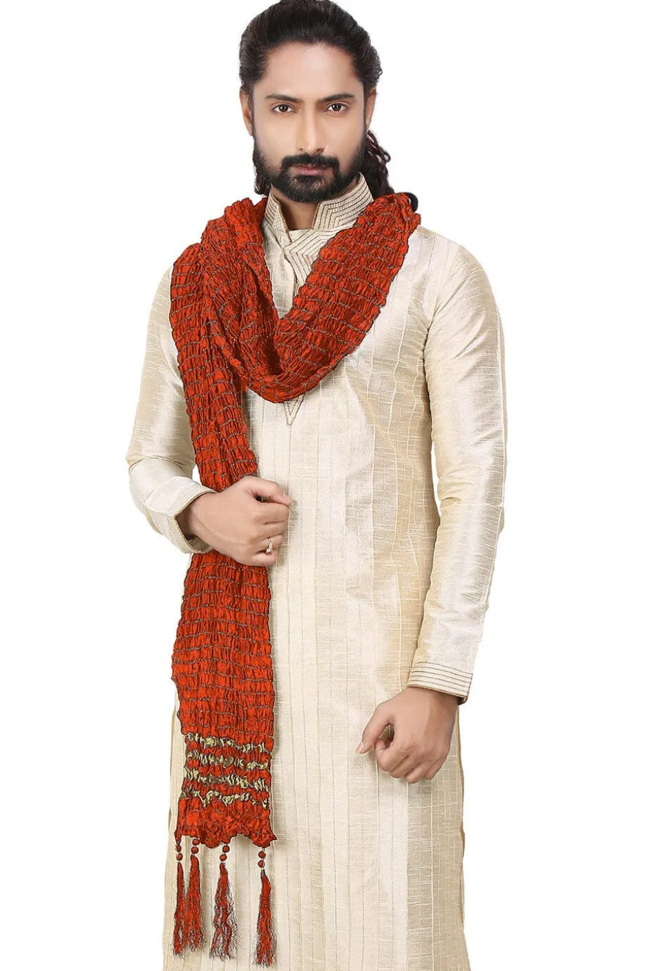 Woven Crushed Art Silk Men Stole in Orange