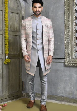 Woven Dupion Silk Asymmetric Sherwani in Grey