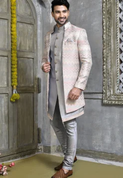Woven Dupion Silk Asymmetric Sherwani in Grey