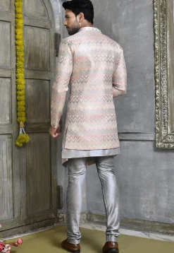 Woven Dupion Silk Asymmetric Sherwani in Grey