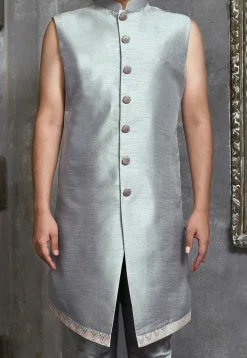 Woven Dupion Silk Asymmetric Sherwani in Grey