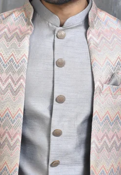Woven Dupion Silk Asymmetric Sherwani in Grey