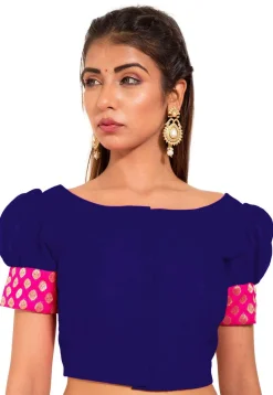 Woven Dupion Silk Blouse in Blue and Fuchsia