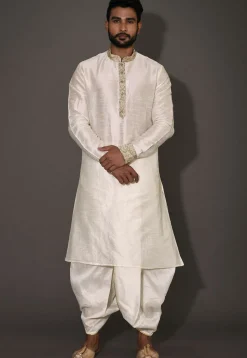 Woven Dupion Silk Dhoti Kurta in Cream