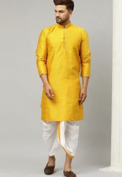 Woven Dupion Silk Jacquard Dhoti Kurta in Yellow