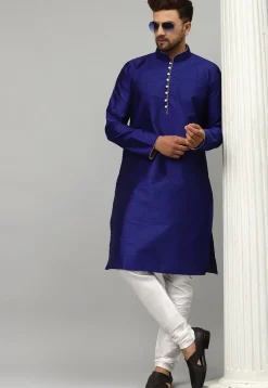 Woven Dupion Silk Jacquard Kurta Set in Dark Blue