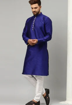 Woven Dupion Silk Jacquard Kurta Set in Dark Blue