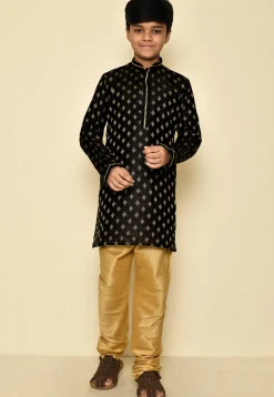 Woven Dupion Silk Kurta in Black