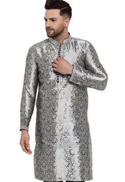 Woven Dupion Silk Kurta in Grey