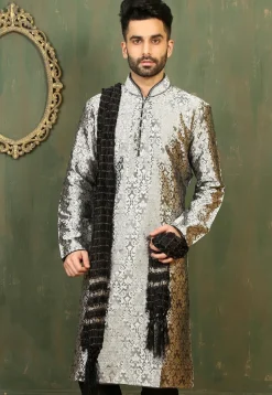 Woven Dupion Silk Kurta in Grey