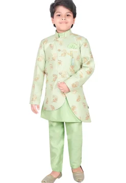 Woven Dupion Silk Kurta Jacket Set in Pastel Green