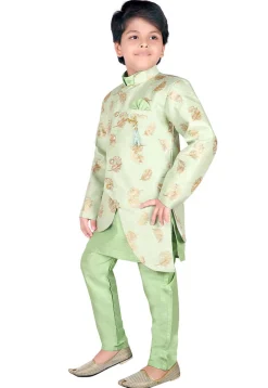 Woven Dupion Silk Kurta Jacket Set in Pastel Green