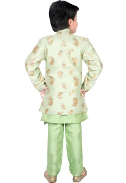 Woven Dupion Silk Kurta Jacket Set in Pastel Green