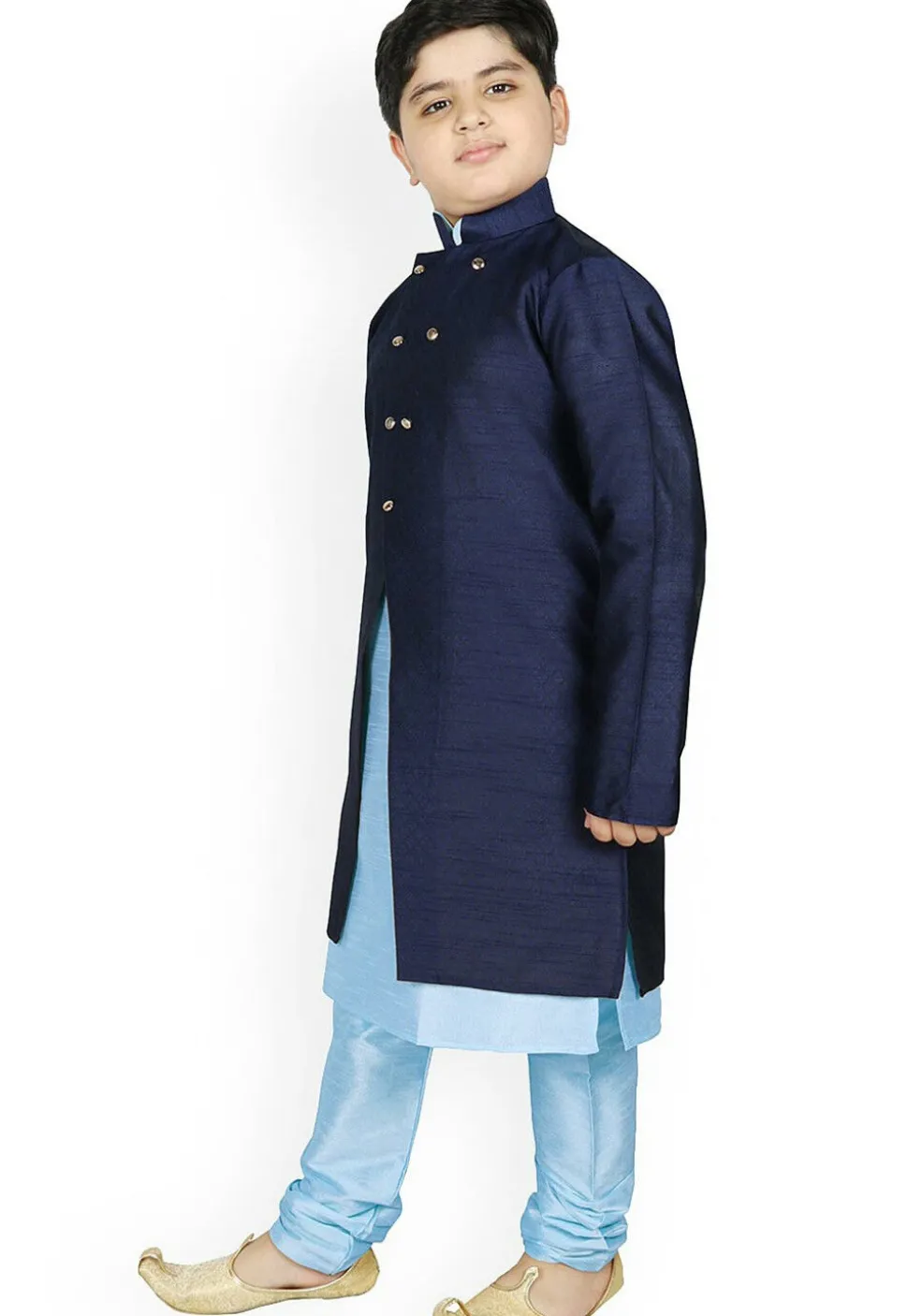 Woven Dupion Silk Kurta Jacket Set in Light Blue and Navy Blue