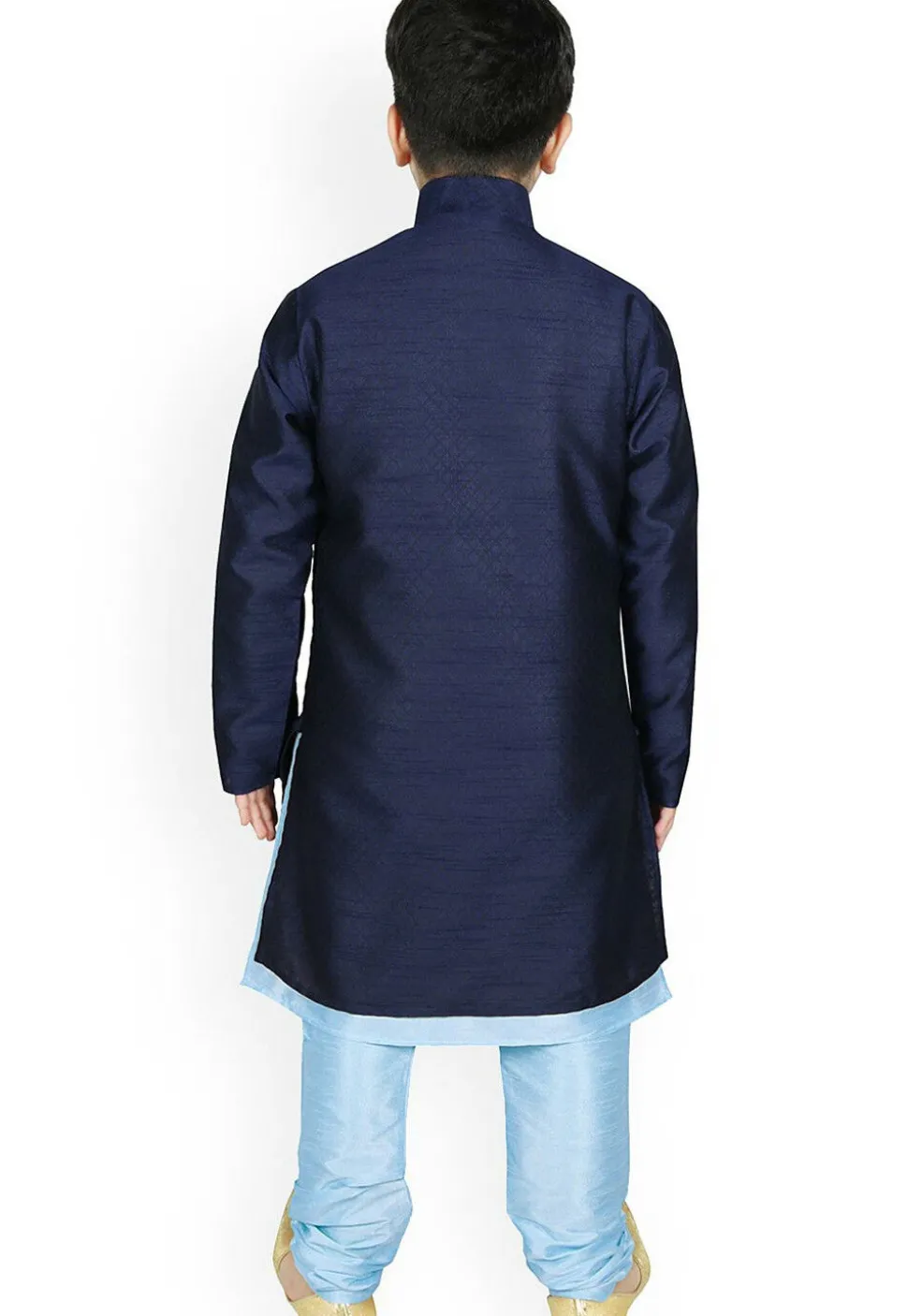 Woven Dupion Silk Kurta Jacket Set in Light Blue and Navy Blue