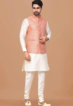 Woven Dupion Silk Kurta Jacket Set in Off White and Peach