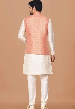 Woven Dupion Silk Kurta Jacket Set in Off White and Peach