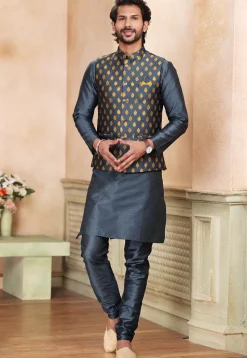 Woven Dupion Silk Kurta Set in Dark Grey