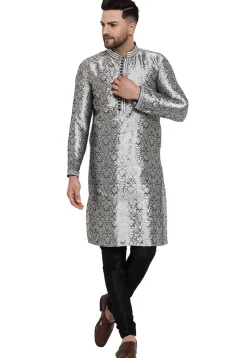 Woven Dupion Silk Kurta Set in Grey
