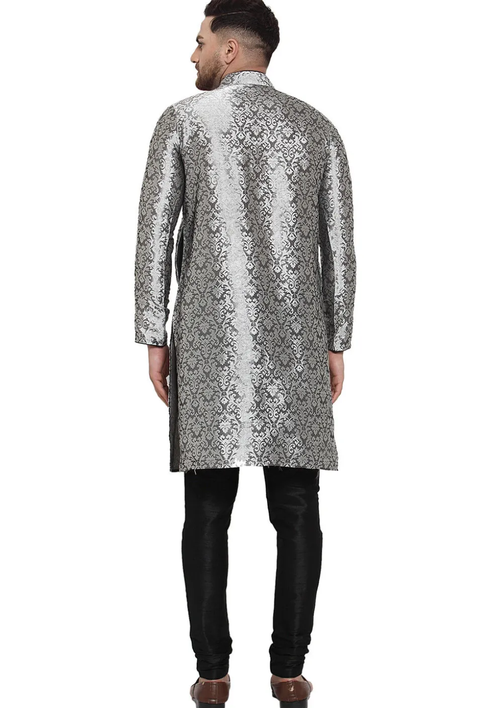 Woven Dupion Silk Kurta Set in Grey