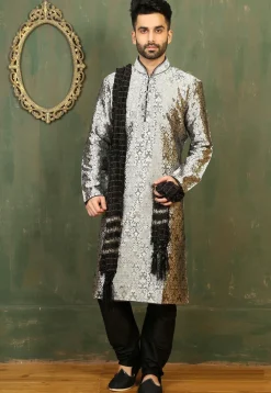 Woven Dupion Silk Kurta Set in Grey