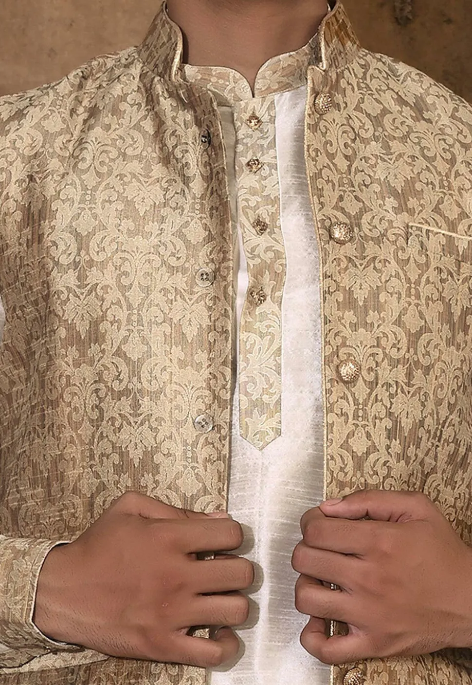 Woven Dupion Silk Kurta Set in Cream