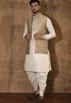 Woven Dupion Silk Kurta Set in Cream