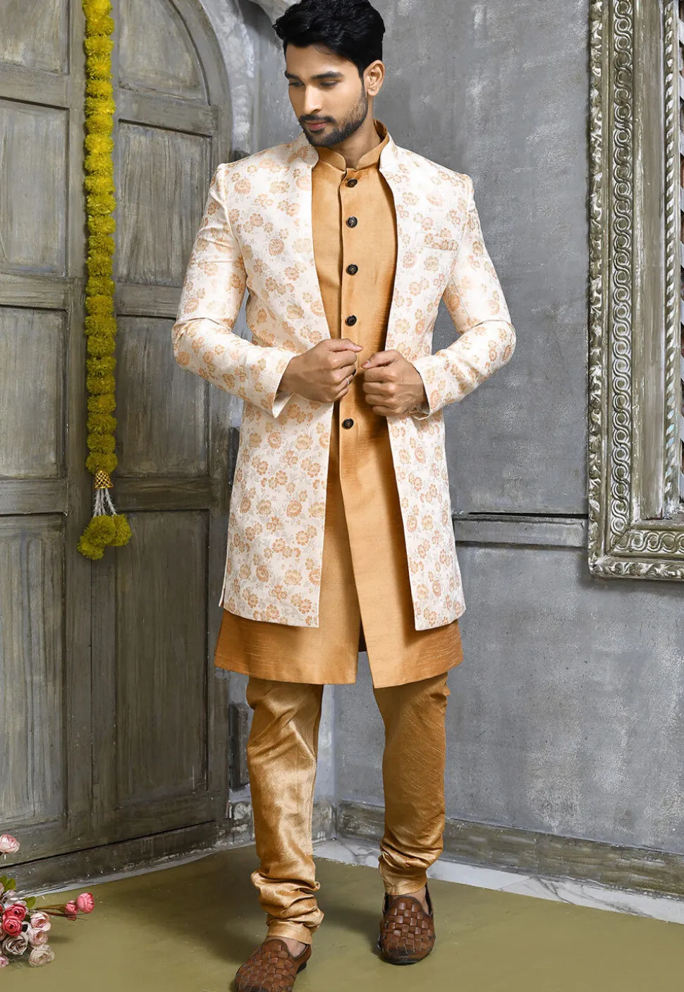Woven Dupion Silk Sherwani in Dark Beige