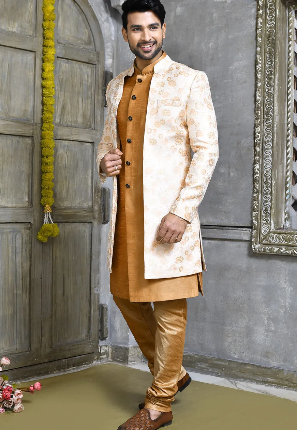 Woven Dupion Silk Sherwani in Dark Beige