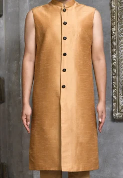 Woven Dupion Silk Sherwani in Dark Beige